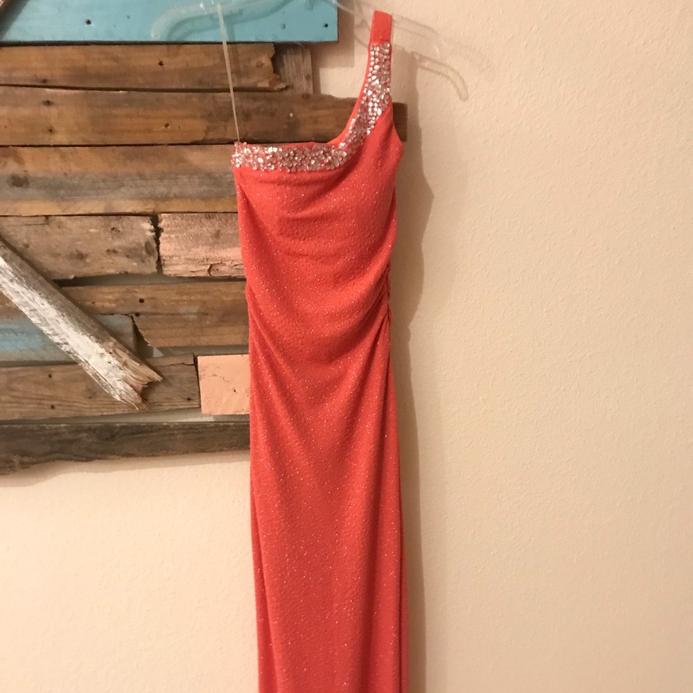One-Shouldered Coral Sparkly Dress